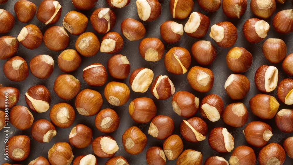 Nutritious close-up of hazelnuts scattered on a dark gray background showcasing their rich brown tones and creamy inner texture in even distribution Nutritious close-up of hazelnuts scattered on a dark gray background showcasing their rich brown tones and creamy inner texture in even distribution