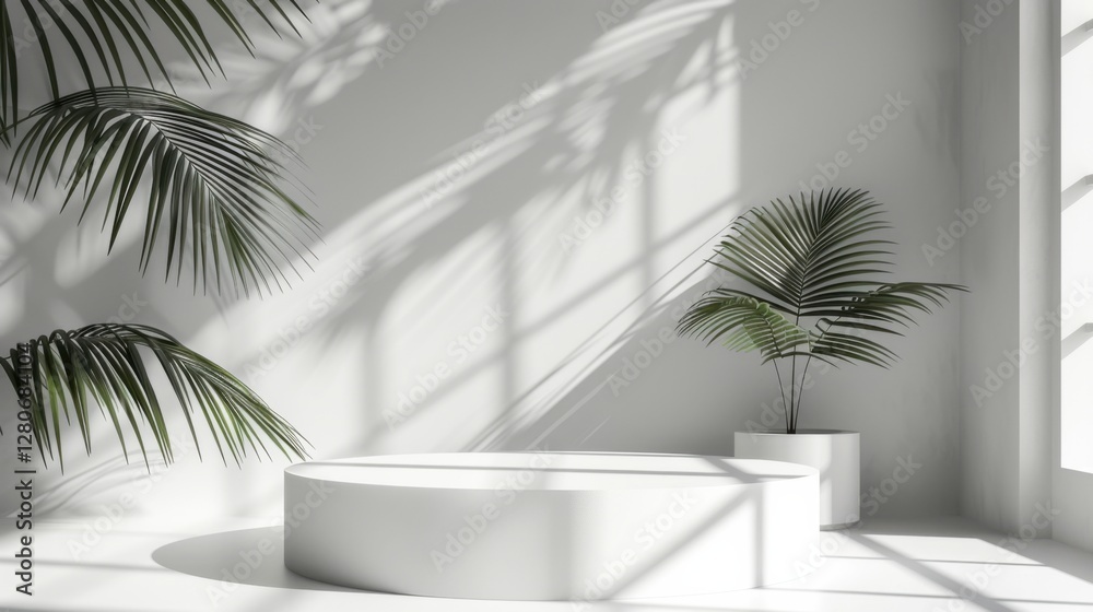 Minimal white room, cylinder podium, subtle palm leaf shadows, abstract product display setup Minimal white room, cylinder podium, subtle palm leaf shadows, abstract product display setup