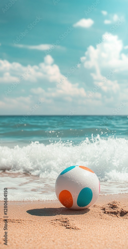 Obraz premium Colorful Beach Ball on Sandy Shore with Ocean Waves and Vibrant Blue Sky on a Sunny Day