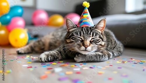 Cat wearing party hat, lying on floor, surrounded by balloons and confetti; Funny party scene photo