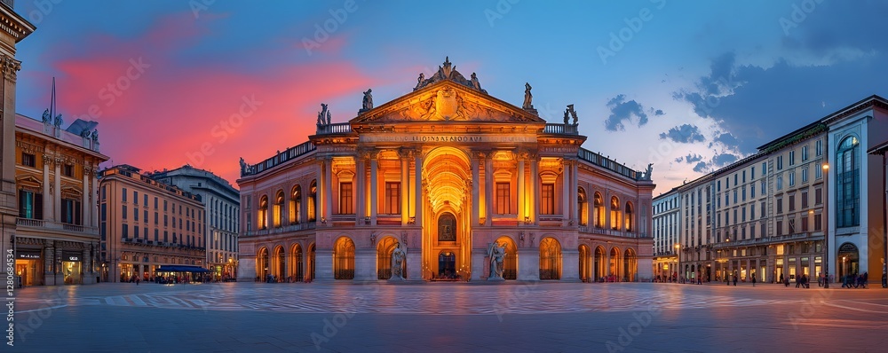 Fototapeta premium A wide view of Milan Stock Exchange at sunset, with the classical building lit up and creating a stunning contrast against the darkening sky