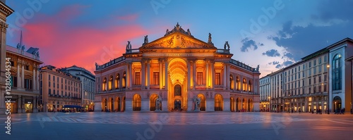 A wide view of Milan Stock Exchange at sunset, with the classical building lit up and creating a stunning contrast against the darkening sky