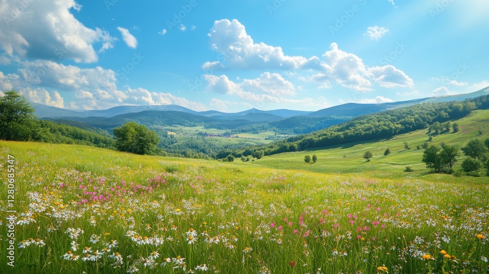 A tranquil nature scene featuring green hills, wildflowers, and a clear blue sky in Eastern Europe. A tranquil nature scene featuring green hills, wildflowers, and a clear blue sky in Eastern Europe.