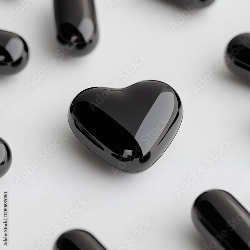 Black heart shaped object surrounded by glossy black pebbles on a light surface