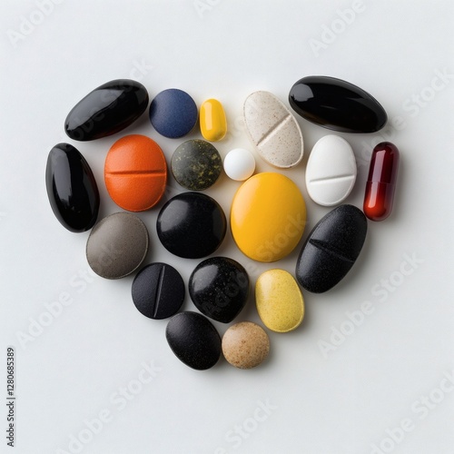Colorful collection of tablets and capsules arranged in a heart shape on a light background for health and wellness themes