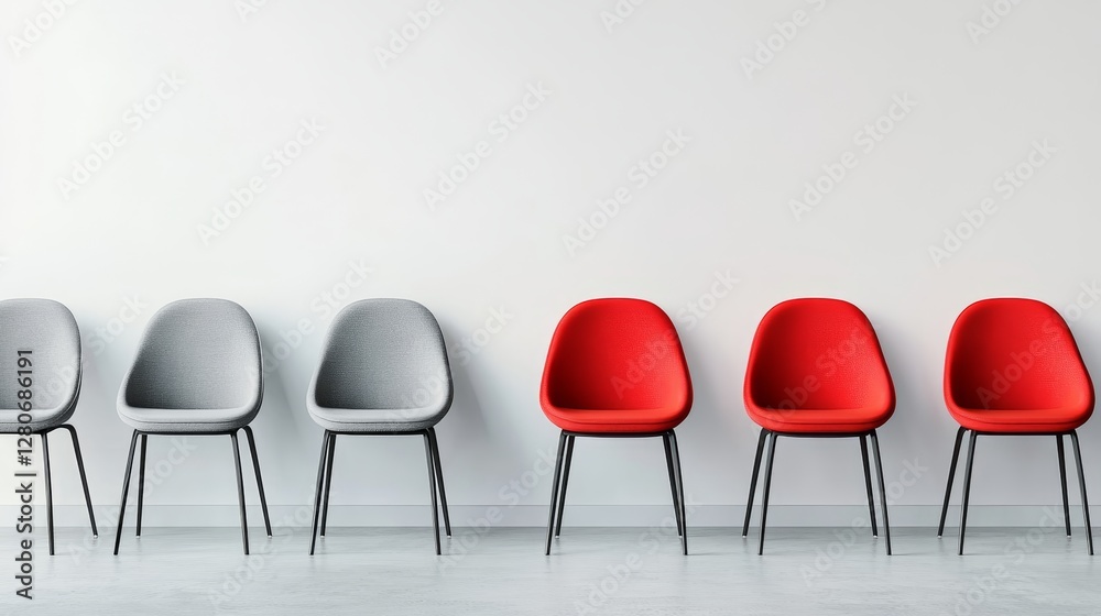 Obraz premium Colorful Chairs Against White Wall, Modern Minimalist Design, Red and Grey Seating