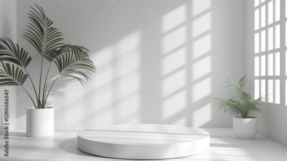 Minimal white room, cylinder podium, subtle palm leaf shadows, abstract product display setup Minimal white room, cylinder podium, subtle palm leaf shadows, abstract product display setup