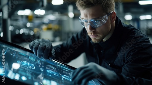 Factory worker calibrating car dashboard electronics in a modern automotive manufacturing facility..