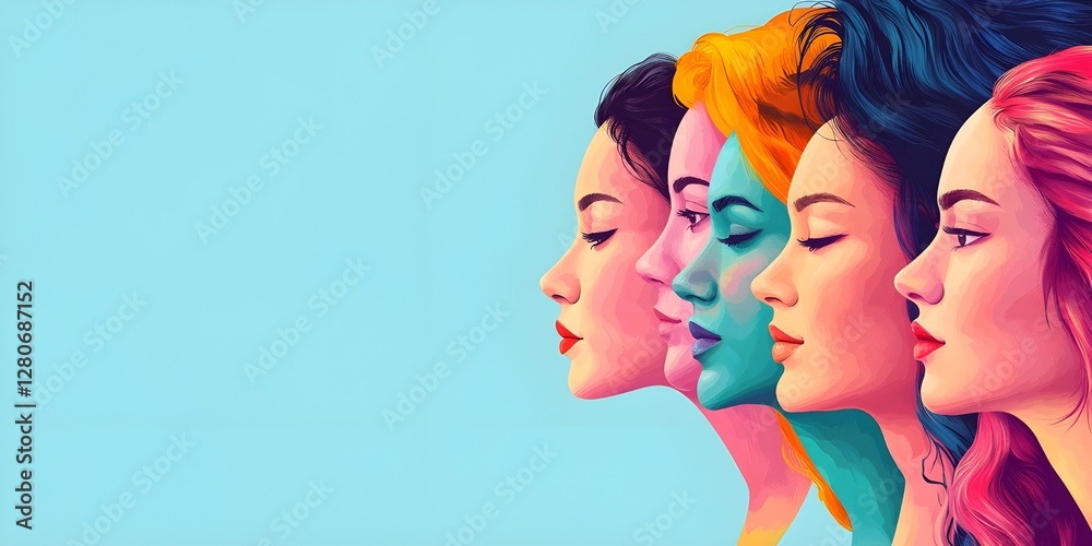 Obraz premium Vivid, multicolored illustration showcasing female profiles, representing diversity, individuality, and artistic expression. copy space light blue pastel background. women's international day concept