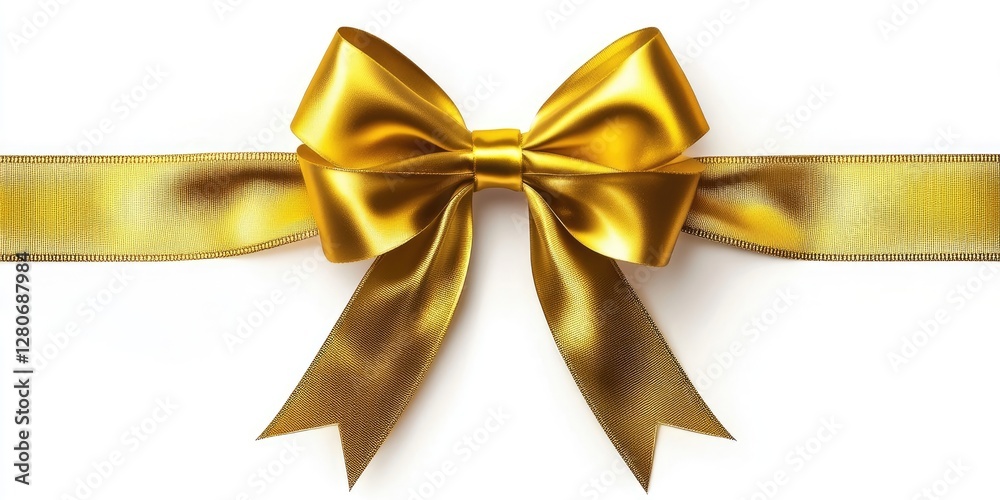 Elegant golden bow with flowing ribbon positioned centrally against a bright white background showcasing a luxurious and celebratory theme. Elegant golden bow with flowing ribbon positioned centrally against a bright white background showcasing a luxurious and celebratory theme.