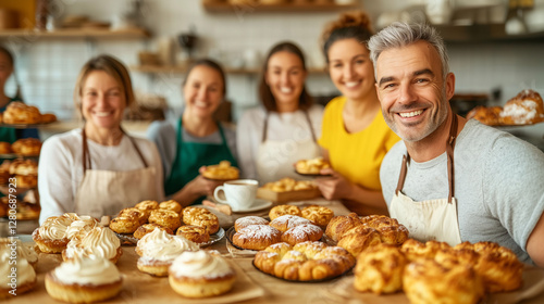 Delicious goodies line a small table, steaming cups and friendly banter mixing in a bright Sunday morning scene.