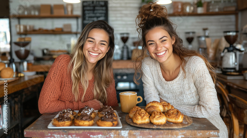 Delicious goodies line a small table, steaming cups and friendly banter mixing in a bright Sunday morning scene.