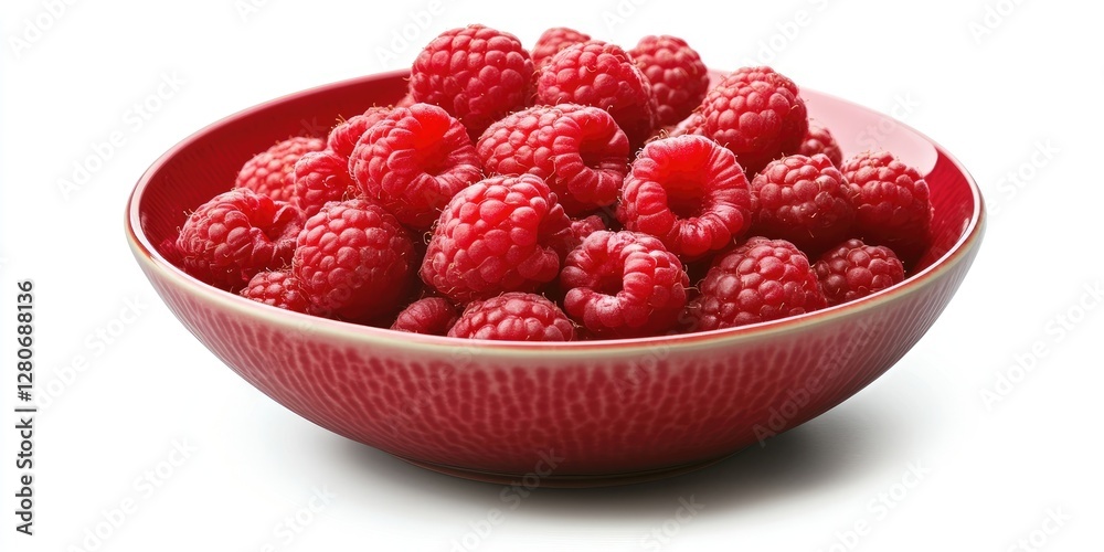 Vibrant red raspberries in a textured red bowl positioned centrally against a white background showcasing their luscious color and appeal as a berry option Vibrant red raspberries in a textured red bowl positioned centrally against a white background showcasing their luscious color and appeal as a berry option