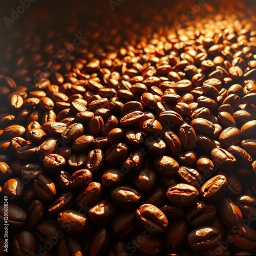 
high-angle coffee beans with intense dramatic lighting, high contrast, rich textures, visible strokes and a raised vantage point