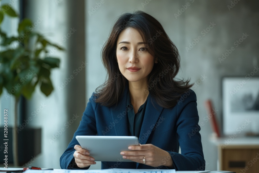 Confident Asian businesswoman in a modern office setting, holding a tablet. Confident Asian businesswoman in a modern office setting, holding a tablet.