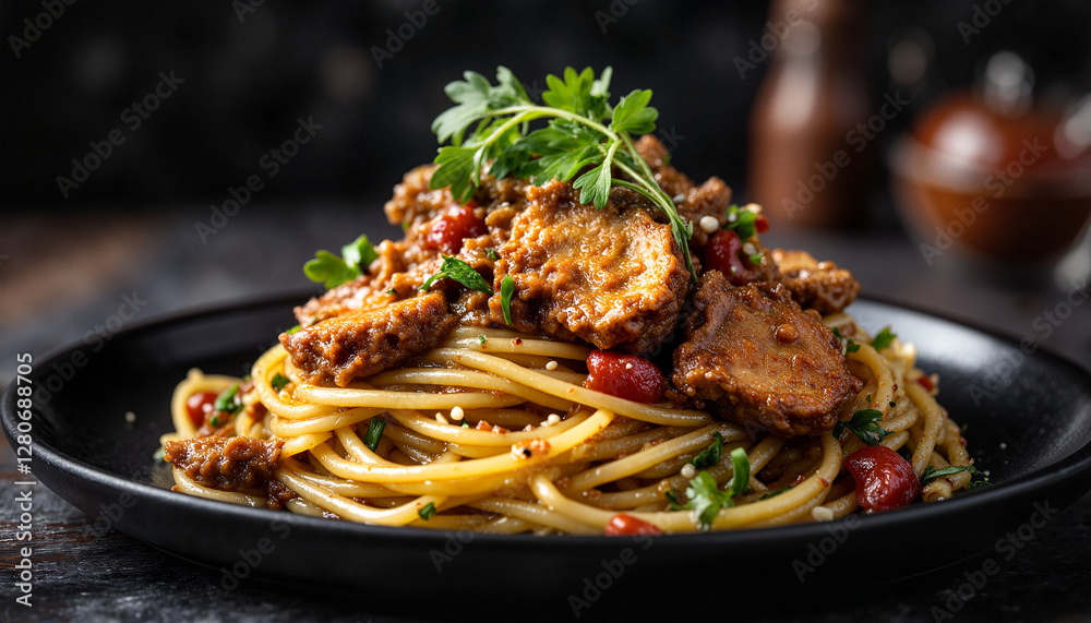 Elegant Carbonnade Flamande pasta dish on dark table, culinary delight Elegant Carbonnade Flamande pasta dish on dark table, culinary delight