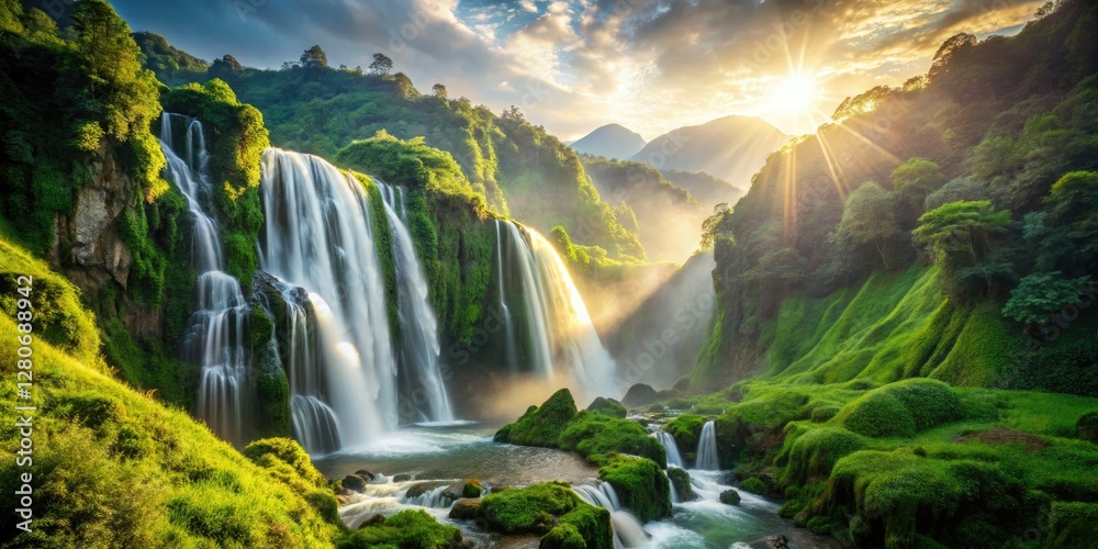 Fototapeta premium Serene waterfall cascades through vibrant mountain foliage, a breathtaking nature scene.