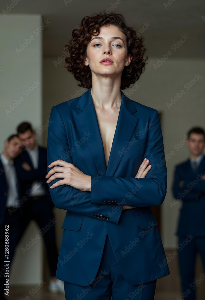 Vintage confident business woman standing inside a modern office, dressed in an elegant suit with arms crossed, exuding success and professionalism