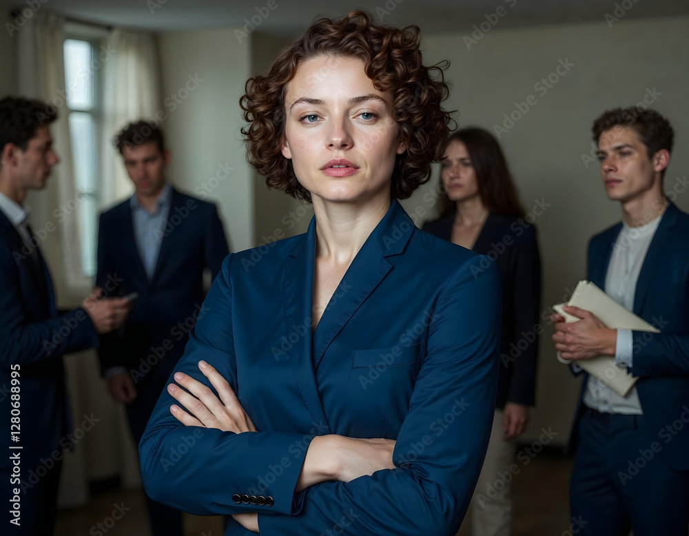 Vintage confident business woman standing inside a modern office, dressed in an elegant suit with arms crossed, exuding success and professionalism