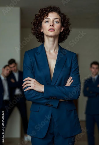 Obraz na płótnie Vintage confident business woman standing inside a modern office, dressed in an elegant suit with arms crossed, exuding success and professionalism w salonie
