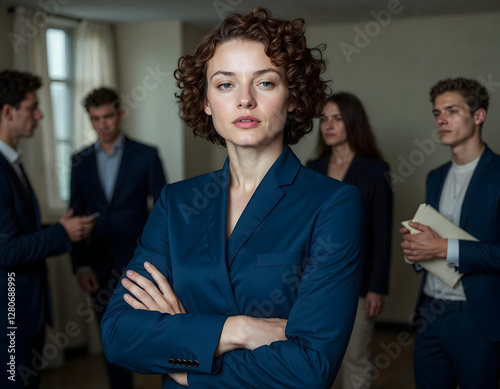 Obraz na płótnie Vintage confident business woman standing inside a modern office, dressed in an elegant suit with arms crossed, exuding success and professionalism w salonie