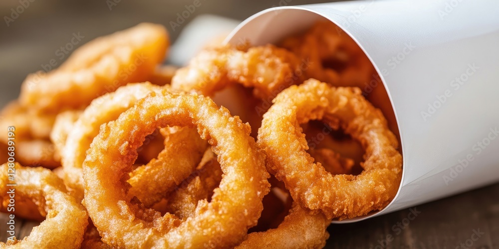Crispy golden onion rings spilling from a white cone on a rustic wooden surface with warm golden tones and a soft focus background. Crispy golden onion rings spilling from a white cone on a rustic wooden surface with warm golden tones and a soft focus background.