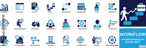  Workflow icon set process, planning, progress, scheme, management, diagram, flowchart You can easily change the color.