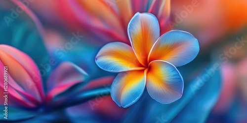 Vibrant frangipani flower with orange and blue hues centered against a blurred colorful background showcasing the beauty of nature and photography.