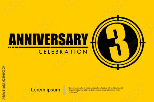 3rd years anniversary celebration emblem. black anniversary logo isolated with target crosshairs on yellow background. vector illustration template design for web, flyers, poster, greeting card