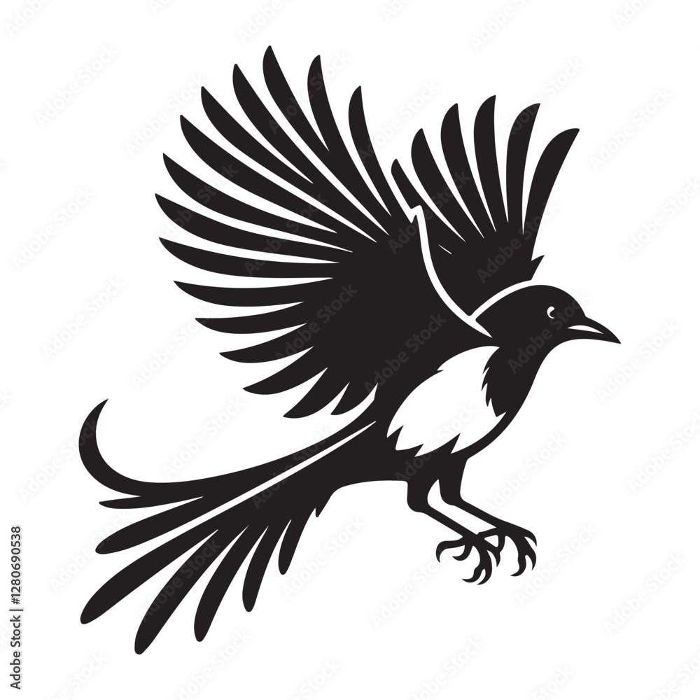 Magpie bird Silhouette Vector Illustration, Solid White Background.
