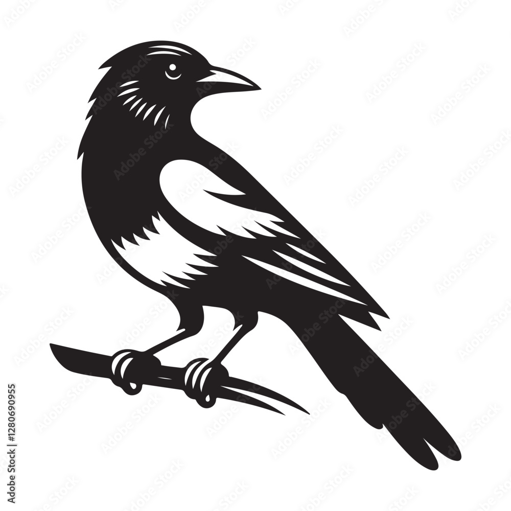 Obraz premium Magpie bird Silhouette Vector Illustration, Solid White Background.