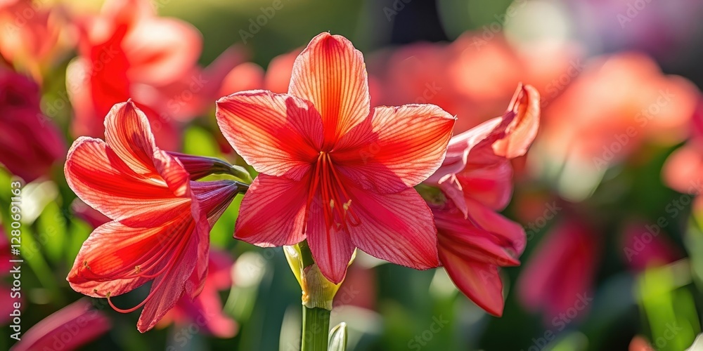 Vibrant red and pink Gippeastrum flowers in full bloom with lush green foliage creating a beautiful garden scene under soft natural light Vibrant red and pink Gippeastrum flowers in full bloom with lush green foliage creating a beautiful garden scene under soft natural light