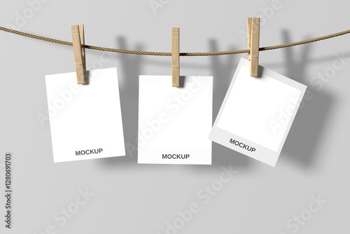 White blank polaroid photo papers on grey background design. Mockup 3d rendering	