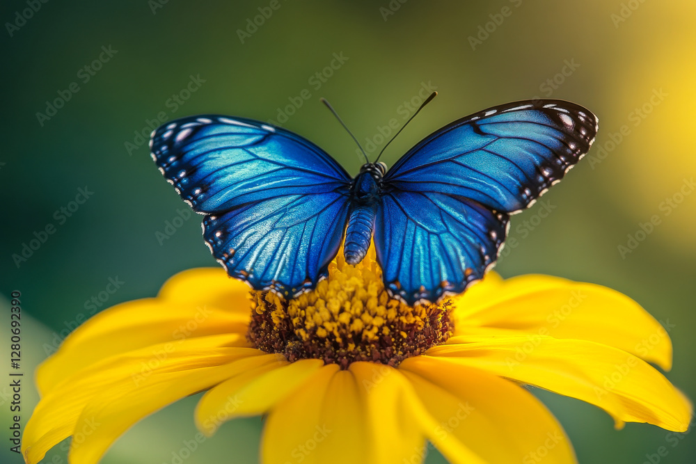 An ultra-detailed close-up of a delicate blue butterfly resting on a bright yellow flower, symbolizing nature's beauty An ultra-detailed close-up of a delicate blue butterfly resting on a bright yellow flower, symbolizing nature's beauty