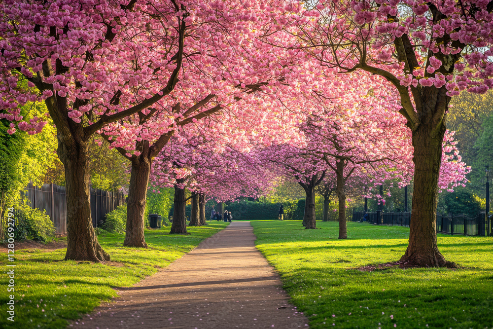Cherry blossom trees in full bloom creating a picturesque pathway in a lush green park during springtime Cherry blossom trees in full bloom creating a picturesque pathway in a lush green park during springtime