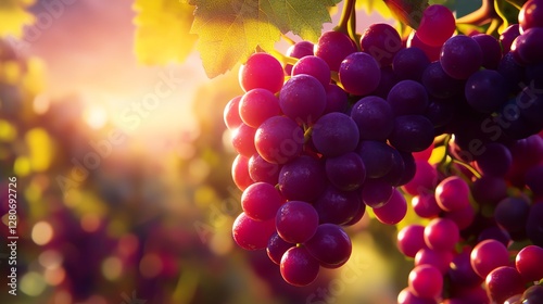 Vibrant grapes in sunset light, lush vineyard view