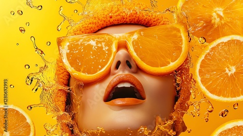 Vibrant orange-themed portrait with fruit slices
