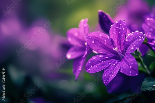 Vibrant purple flower with morning dew.