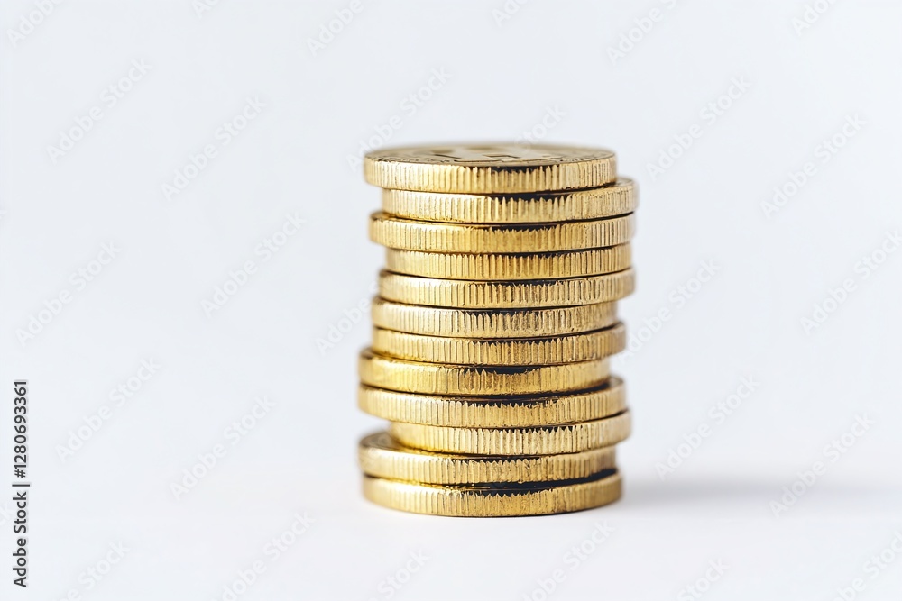 Stack of Shiny Gold Coins Against Clean White Background Representing Wealth and Financial Growth