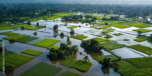 Wallpaper Mural Lush green rice fields with standing water creating a serene landscape in rural countryside under clear skies and distant trees with reflections. Torontodigital.ca