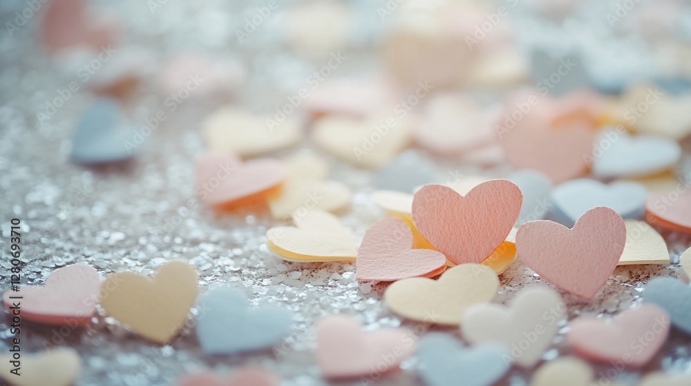 Obraz premium Pastel hearts scattered on glitter; Valentine's Day background