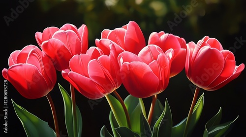 Vibrant red tulips in a garden bloom.