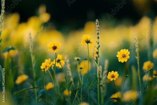 Vibrant yellow wildflowers blooming in field.