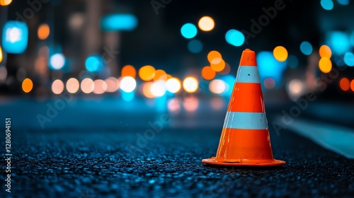 Vivid traffic cone on blurred city street.