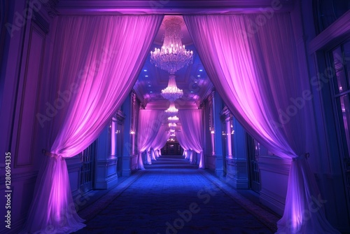 A long hallway is decorated with sheer purple curtains and crystal chandeliers. The walls are a muted blue-purple. The lighting enhances the purple tones photo