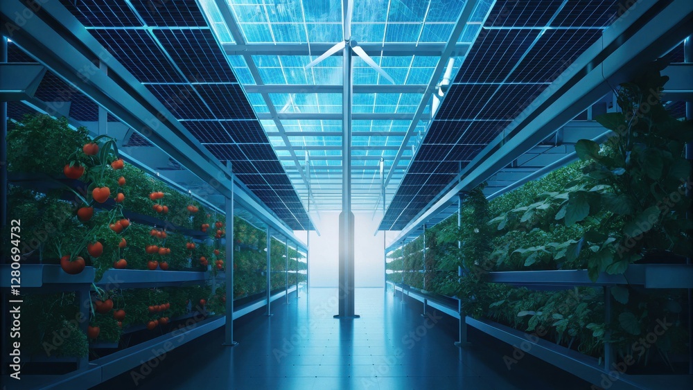 Obraz premium Futuristic indoor farm with solar panels and wind turbine, growing lush green plants and red tomatoes under blue lighting. Sustainable technology for food production.