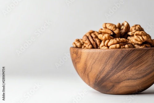 Walnuts in a wooden bowl on a white background.