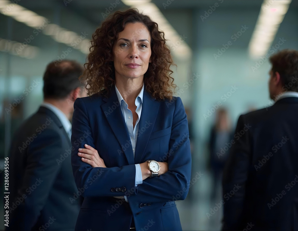 Confident business woman standing inside a modern office, dressed in an elegant suit with arms crossed, exuding success and professionalism