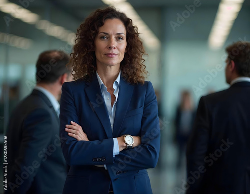 Obraz na płótnie Confident business woman standing inside a modern office, dressed in an elegant suit with arms crossed, exuding success and professionalism w salonie