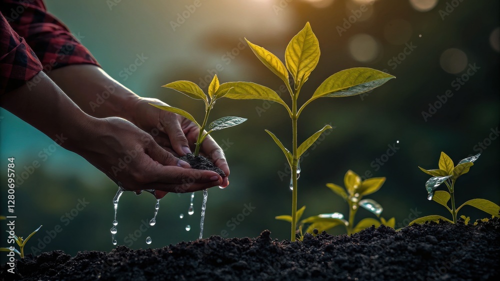 Fototapeta premium Close up of hands gently planting seedlings in dark, rich soil, water dripping onto the soil. Warm sunlight in background.